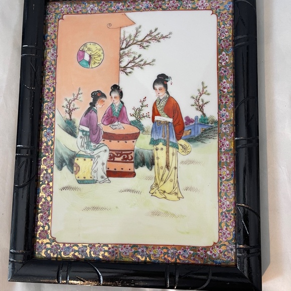 Framed Vintage Chinese Famille Rose Porcelain Plaque in Bamboo Style Frame - Picture 2 of 12